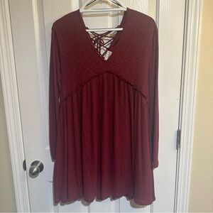 Crisscross Lace-Up Burgundy Long Sleeve Dress